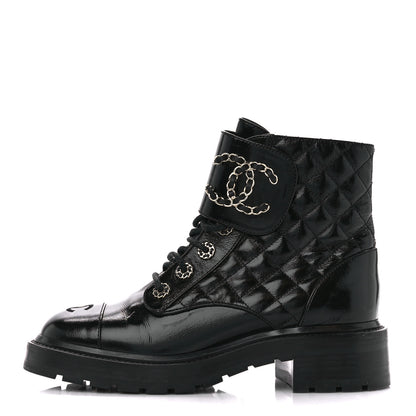 Chanel Shiny Goatskin Calfskin Quilted Lace Up Combat Boots 38 Black 1 of 9