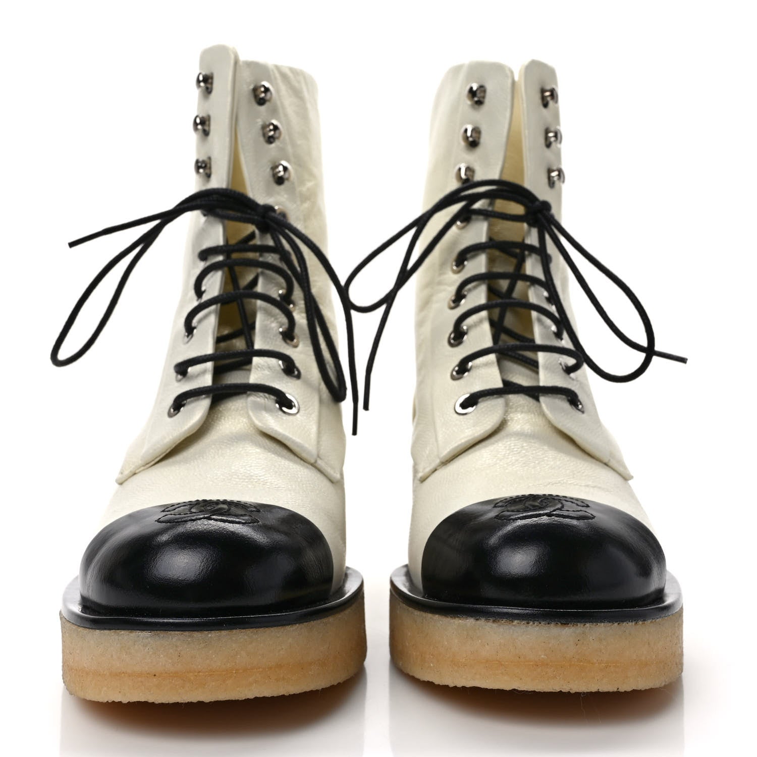 Chanel Pearlized Grained Calfskin Cap Toe Combat Boots 37 Ivory Black 2 of 9