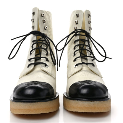 Chanel Pearlized Grained Calfskin Cap Toe Combat Boots 37 Ivory Black 2 of 9