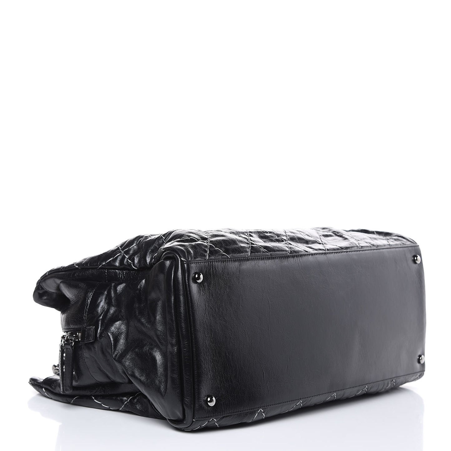 Glazed Goatskin Double Contrast Stitch Large Tote Black