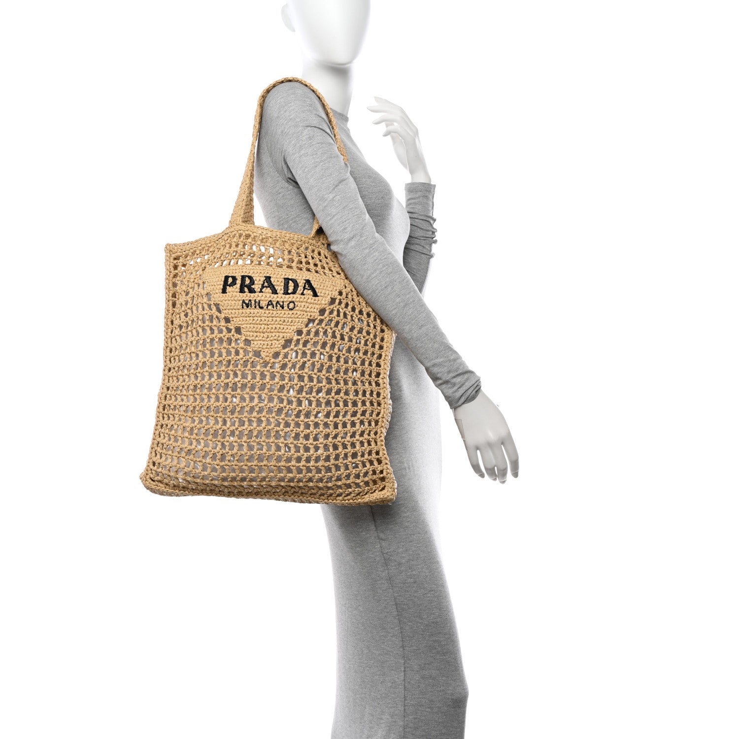 Prada Yarn Raffia Effect Crochet Logo Embroidered Tote Bag Naturale 2 of 9