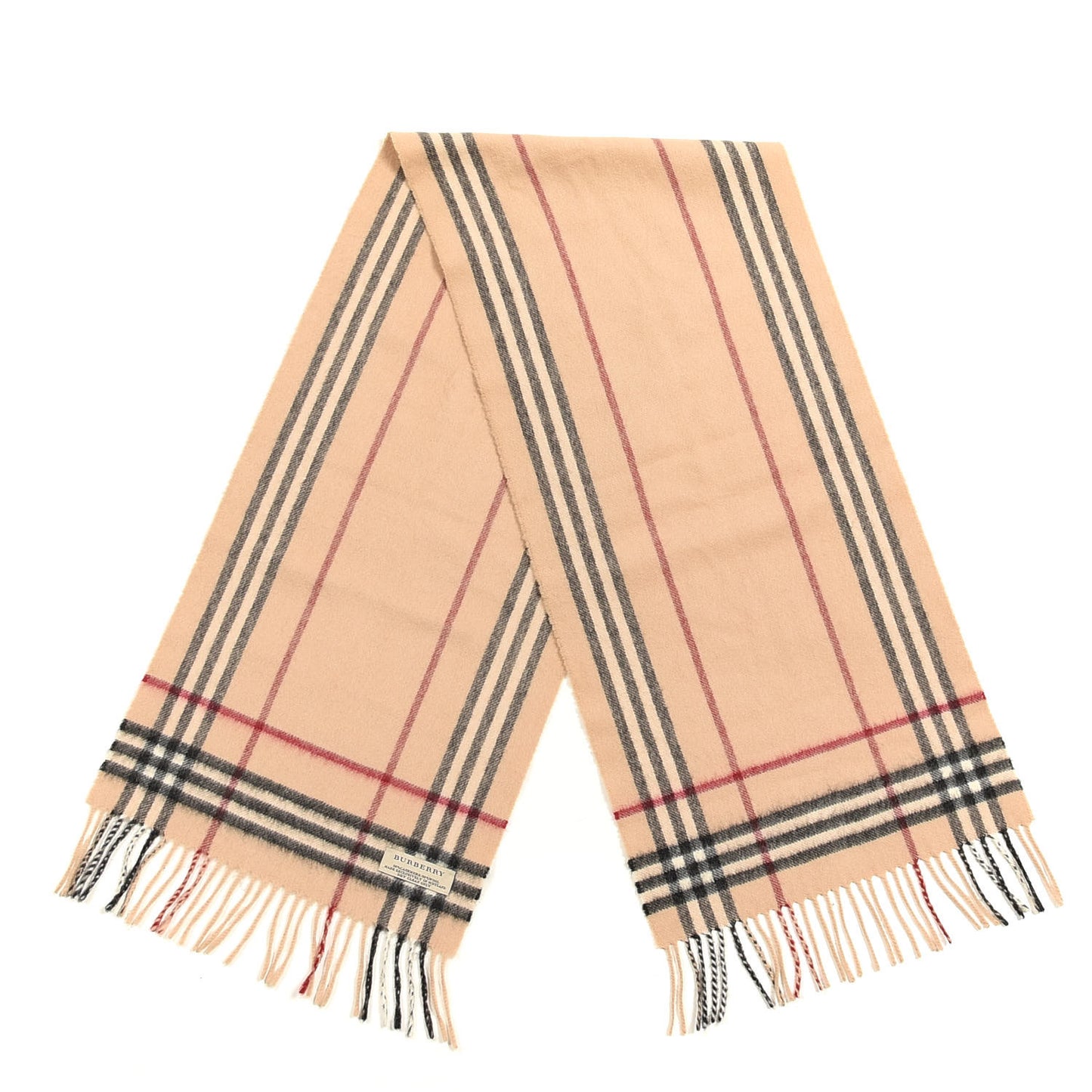 Cashmere Wool Check Fringe Scarf Beige