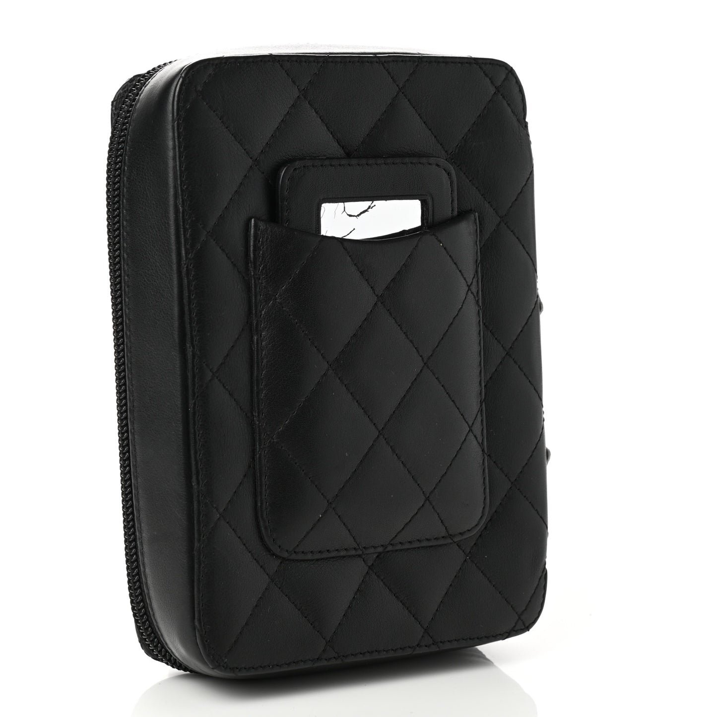 Calfskin Quilted Cambon Zip Around Cosmetic Pouch Black