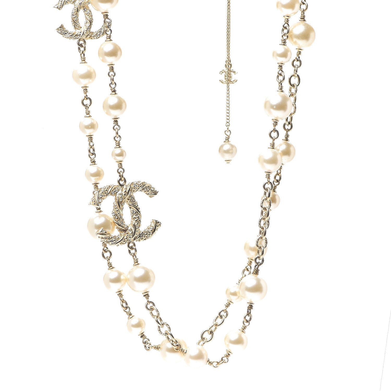 Chanel Graduated Pearl Crystal Twisted CC Long Necklace Gold 1 of 3