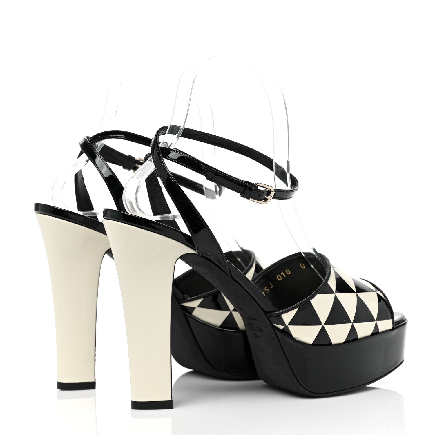 Valentino Garavani Patent Chevron Shiny Fever Ankle Strap 85/115mm Platform Sandals 38.5 Black Light Ivory 4 of 9