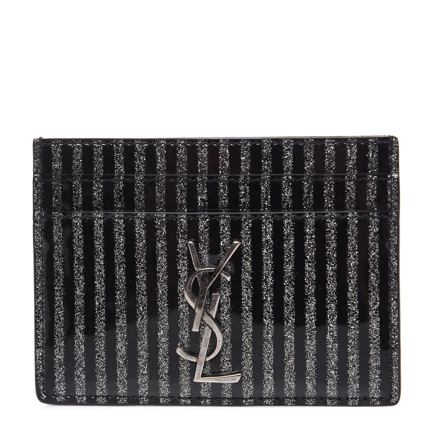 Patent Glitter Striped Monogram Credit Card Case Black Silver