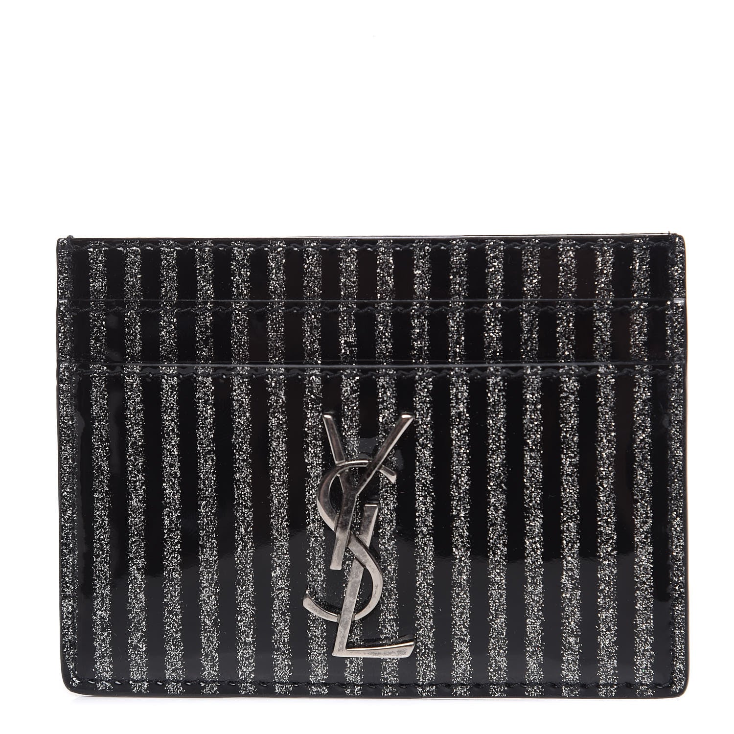 Saint Laurent Patent Glitter Striped Monogram Credit Card Case Black Silver 1 of 8