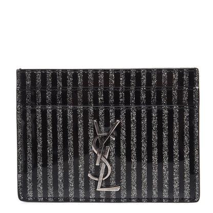 Saint Laurent Patent Glitter Striped Monogram Credit Card Case Black Silver 1 of 8