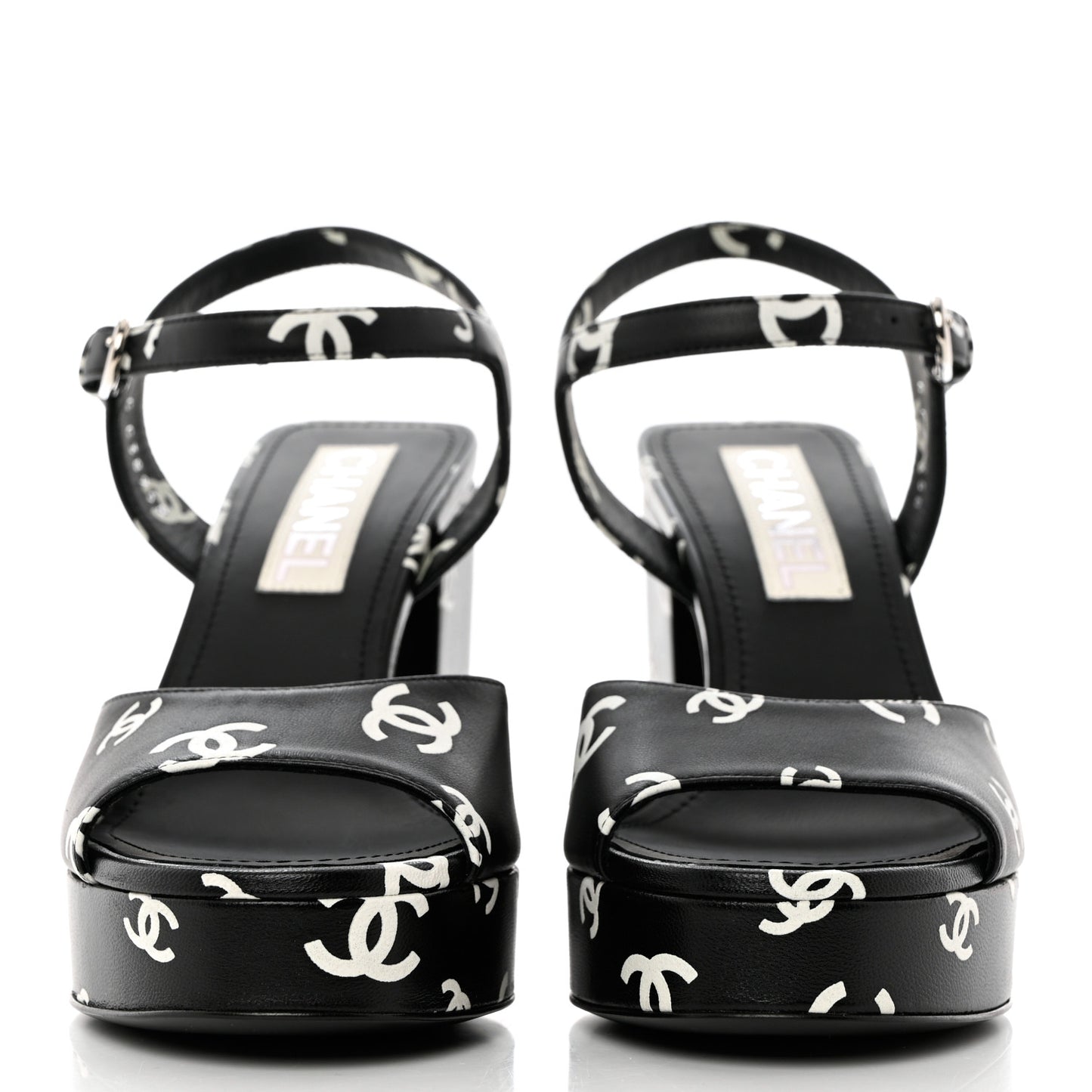 Printed Lambskin CC Platform Sandals 38 Black White