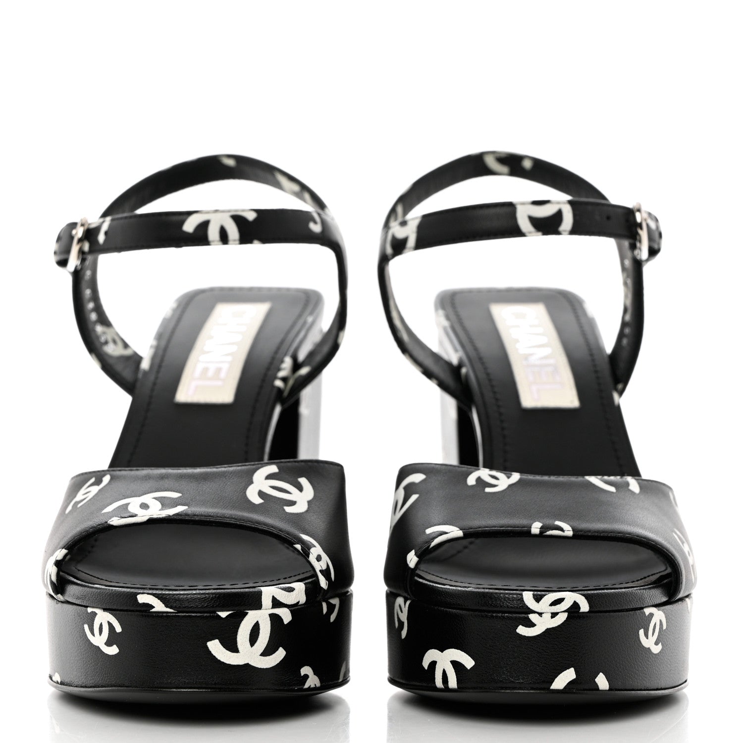 Chanel Printed Lambskin CC Platform Sandals 38 Black White 2 of 9