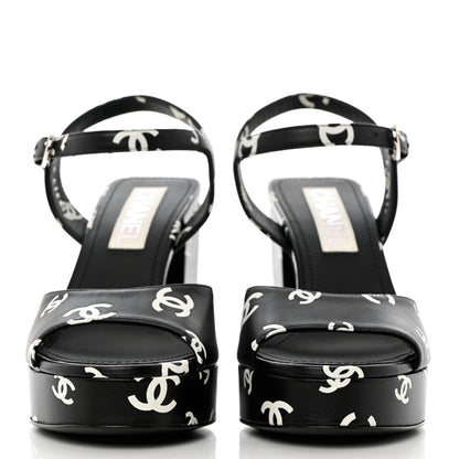 Chanel Printed Lambskin CC Platform Sandals 38 Black White 2 of 9