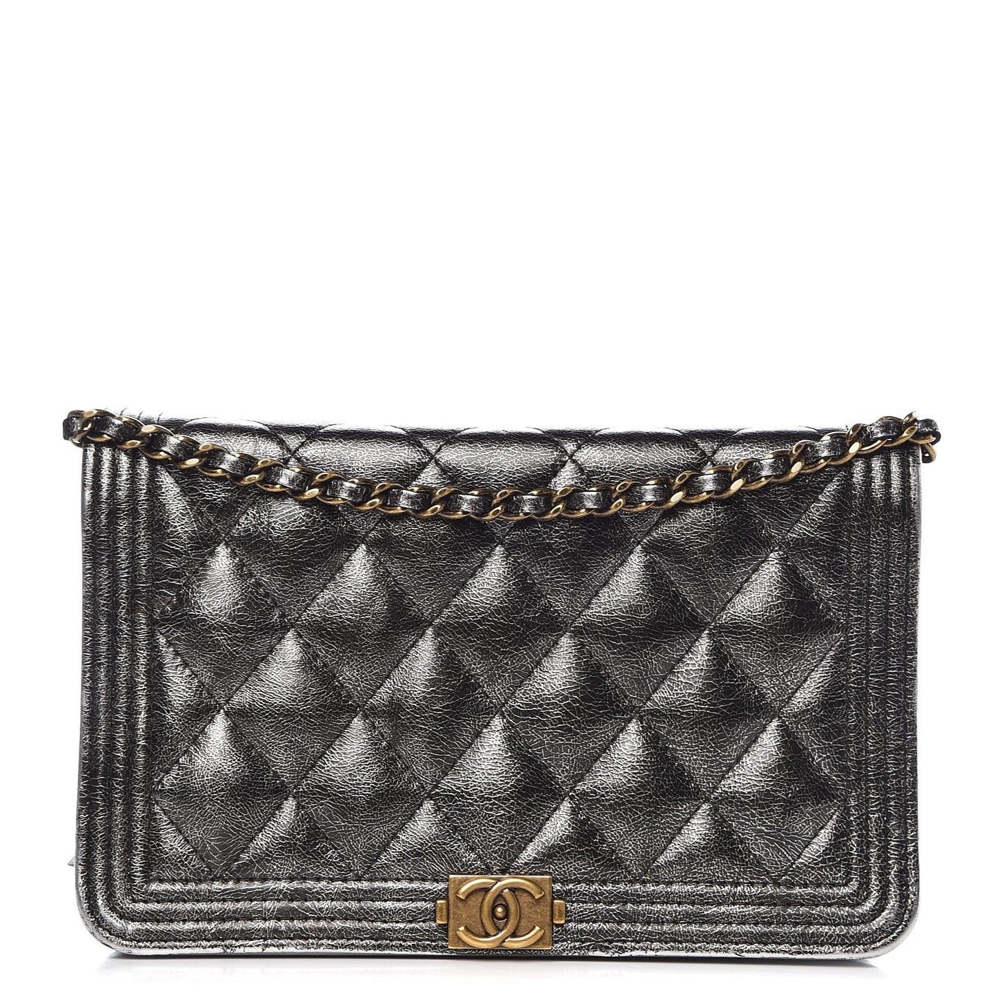 Cracked Metallic Calfskin Quilted Boy Wallet On Chain WOC Dark Silver