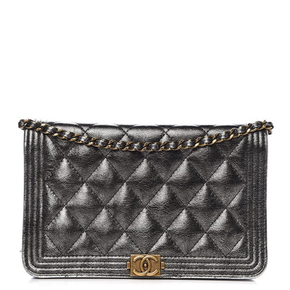 Chanel Cracked Metallic Calfskin Quilted Boy Wallet On Chain WOC Dark Silver 1 of 12