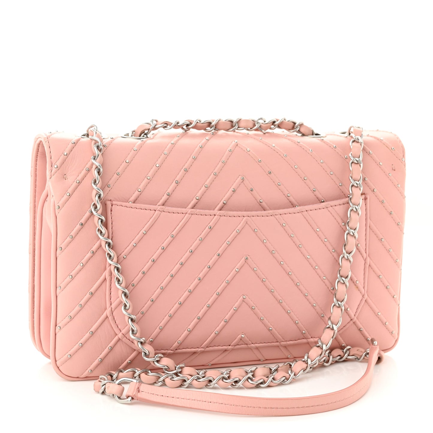 Calfskin Studded Chevron Quilted Flap Pink