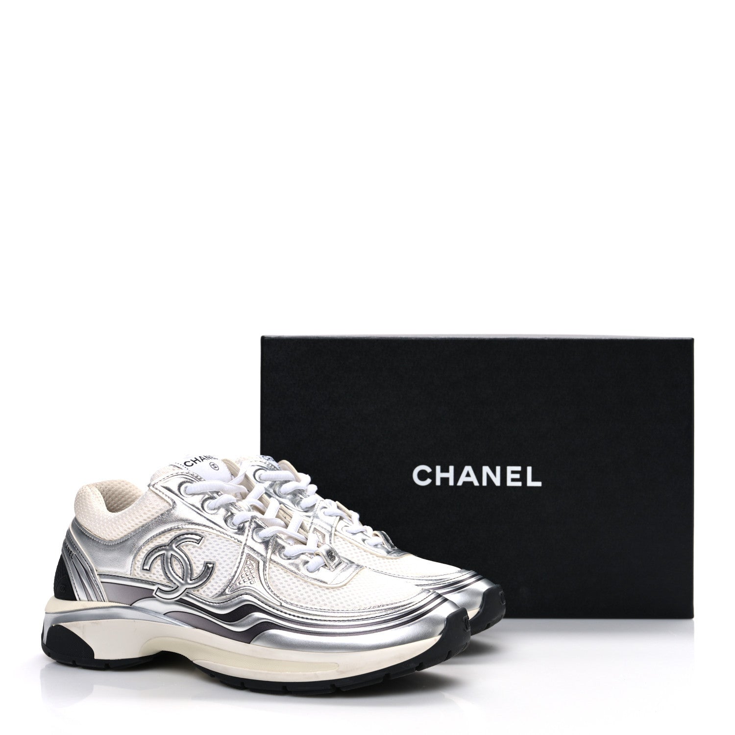 Chanel Fabric Laminated Calfskin Stretch CC Womens Sneakers 40 White Silver 13 of 13