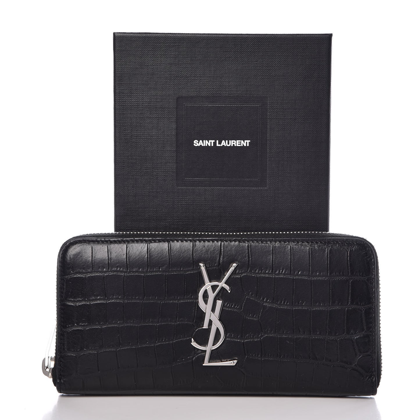Calfskin Crocodile Embossed Monogram Zip Around Wallet Black