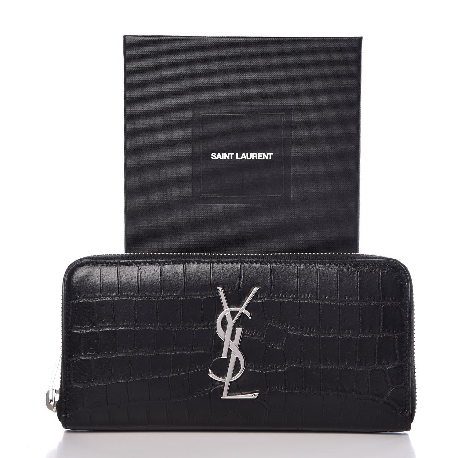 Saint Laurent Calfskin Crocodile Embossed Monogram Zip Around Wallet Black 8 of 8