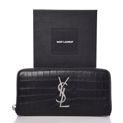 Saint Laurent Calfskin Crocodile Embossed Monogram Zip Around Wallet Black 8 of 8