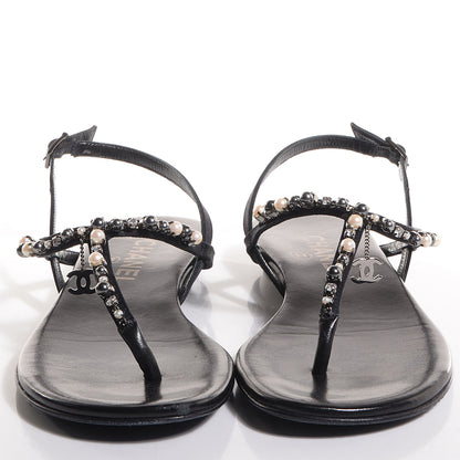 Chanel CC Pearl Thong Sandals 37.5 Black 2 of 5