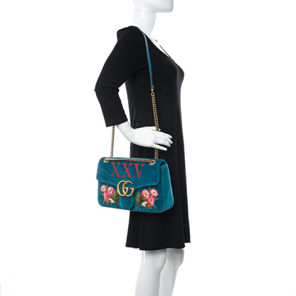 Gucci Velvet Matelasse XXV Embroidered Medium GG Marmont Shoulder Bag Pavone Cyan 2 of 10