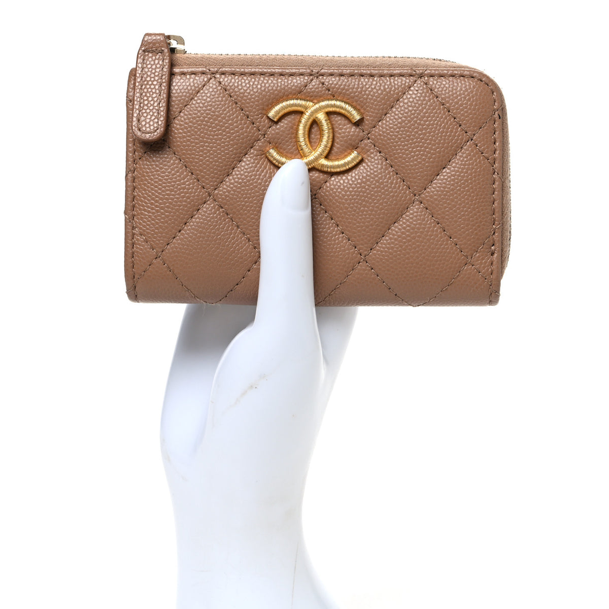 Caviar Quilted Zipped Key Holder Case Dark Beige