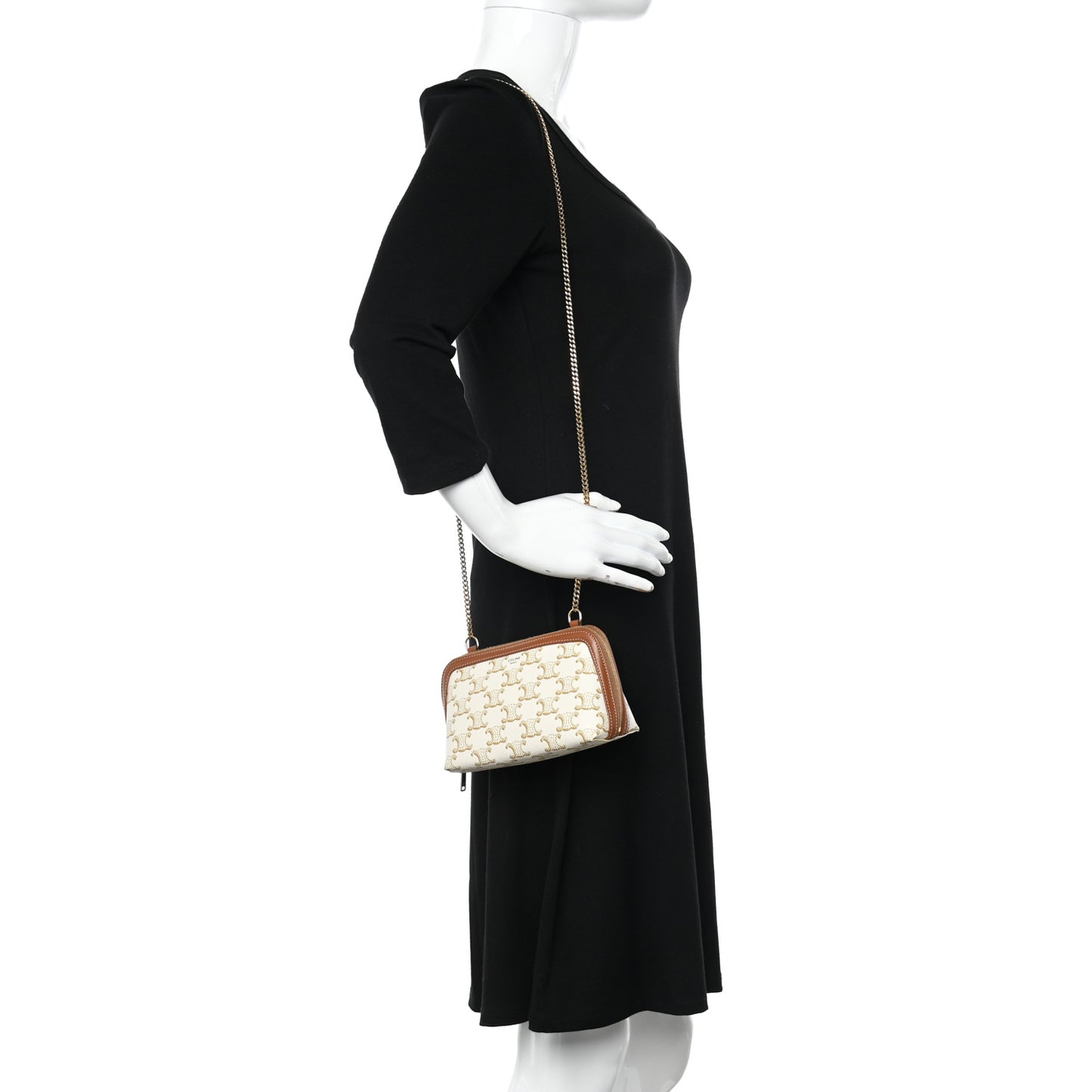 Lambskin Triomphe Canvas Clutch With Chain White Tan