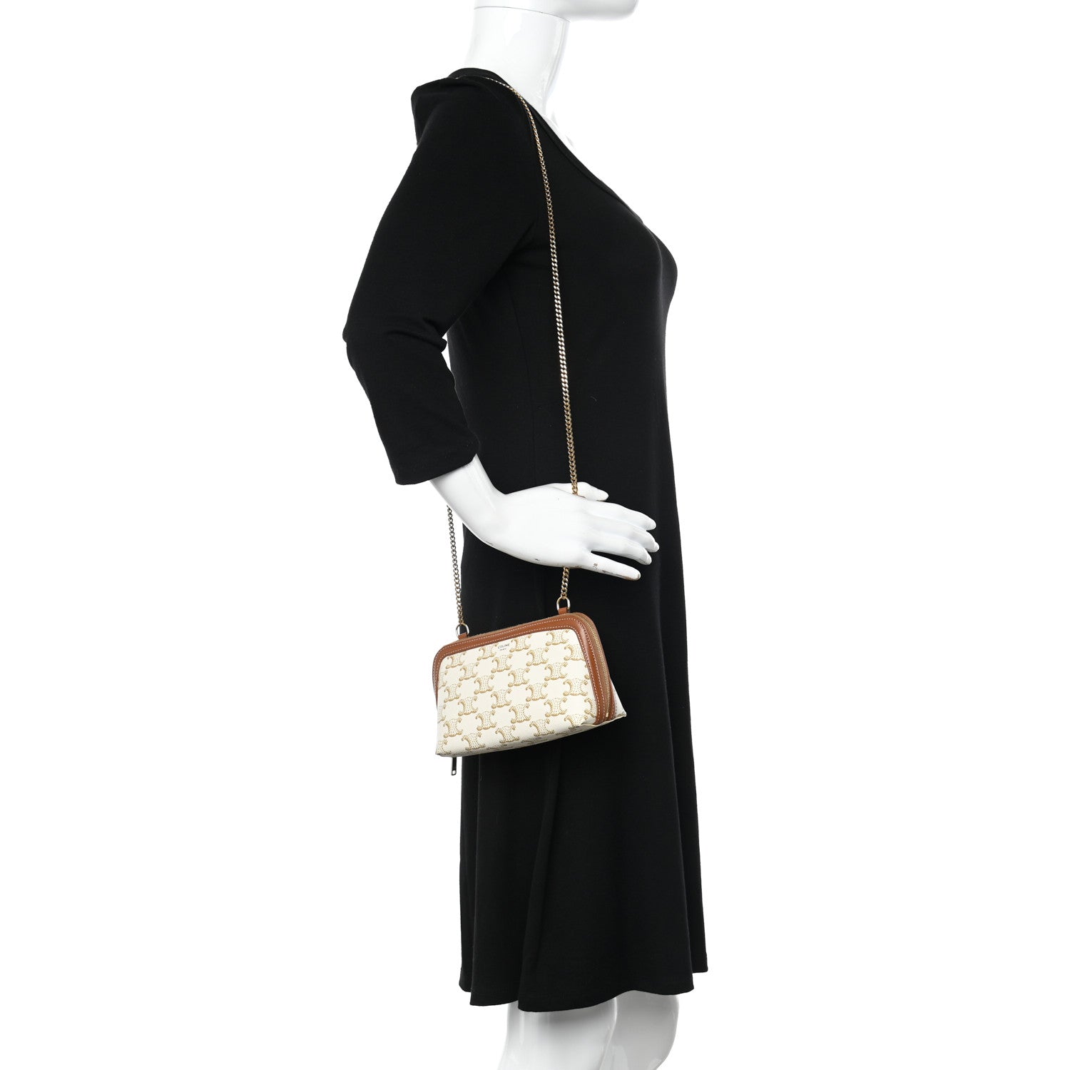 Celine Lambskin Triomphe Canvas Clutch With Chain White Tan 2 of 13