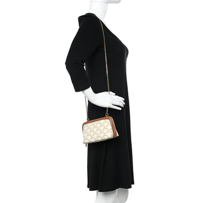 Celine Lambskin Triomphe Canvas Clutch With Chain White Tan 2 of 13