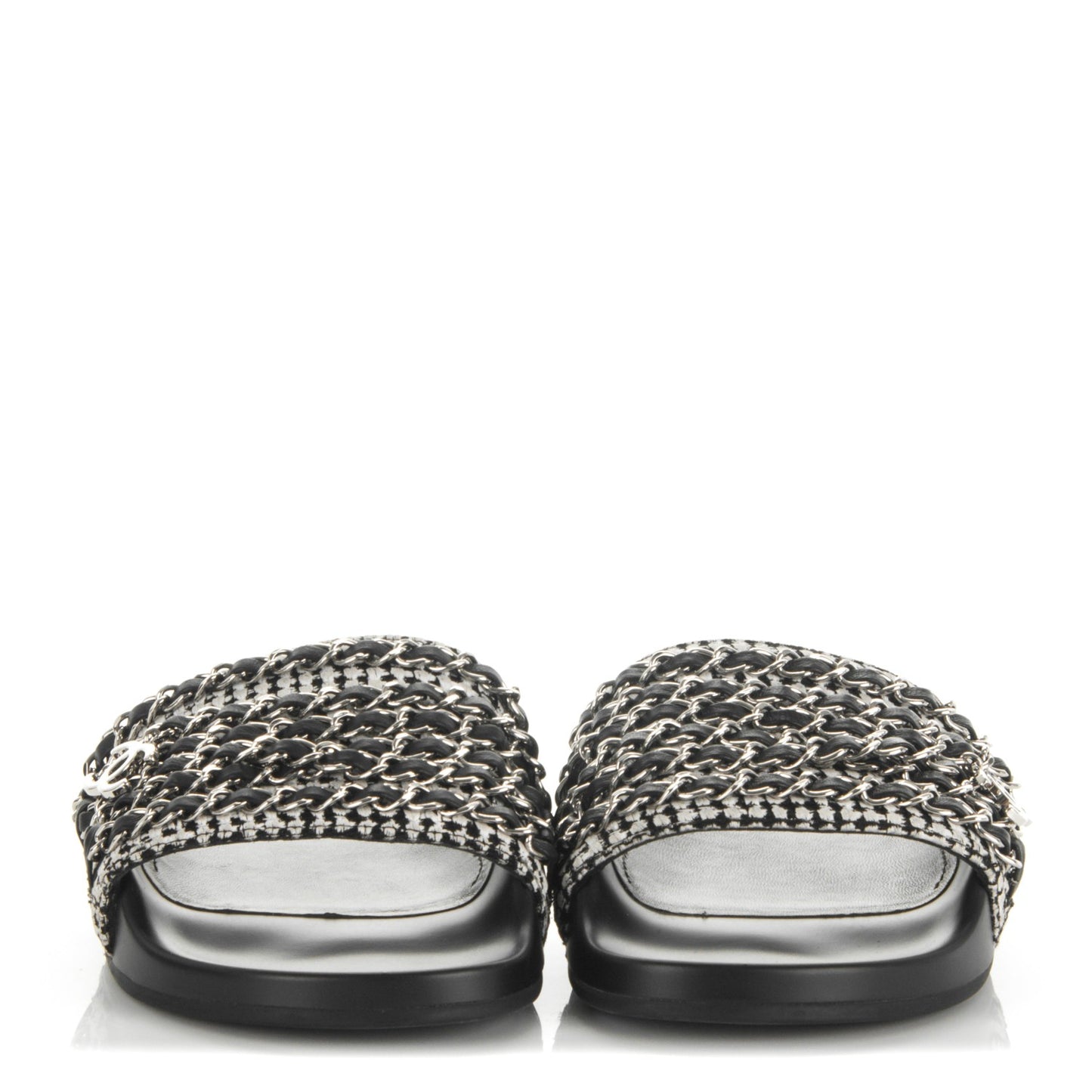 Tweed Lambskin Chain Flat Sandals 35 Black White