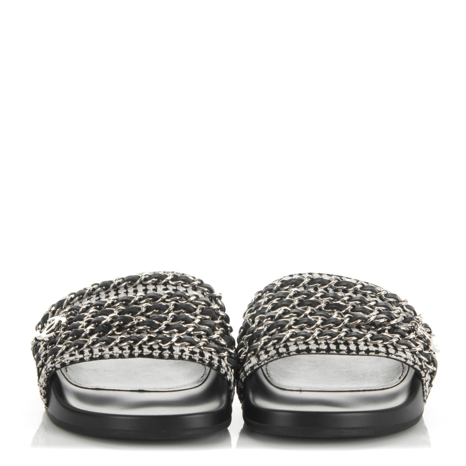 Chanel Tweed Lambskin Chain Flat Sandals 35 Black White 2 of 8