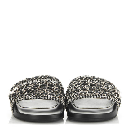 Chanel Tweed Lambskin Chain Flat Sandals 35 Black White 2 of 8