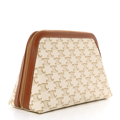 Celine Triomphe Canvas Calfskin Large Cosmetic Pouch White Tan 5 of 7