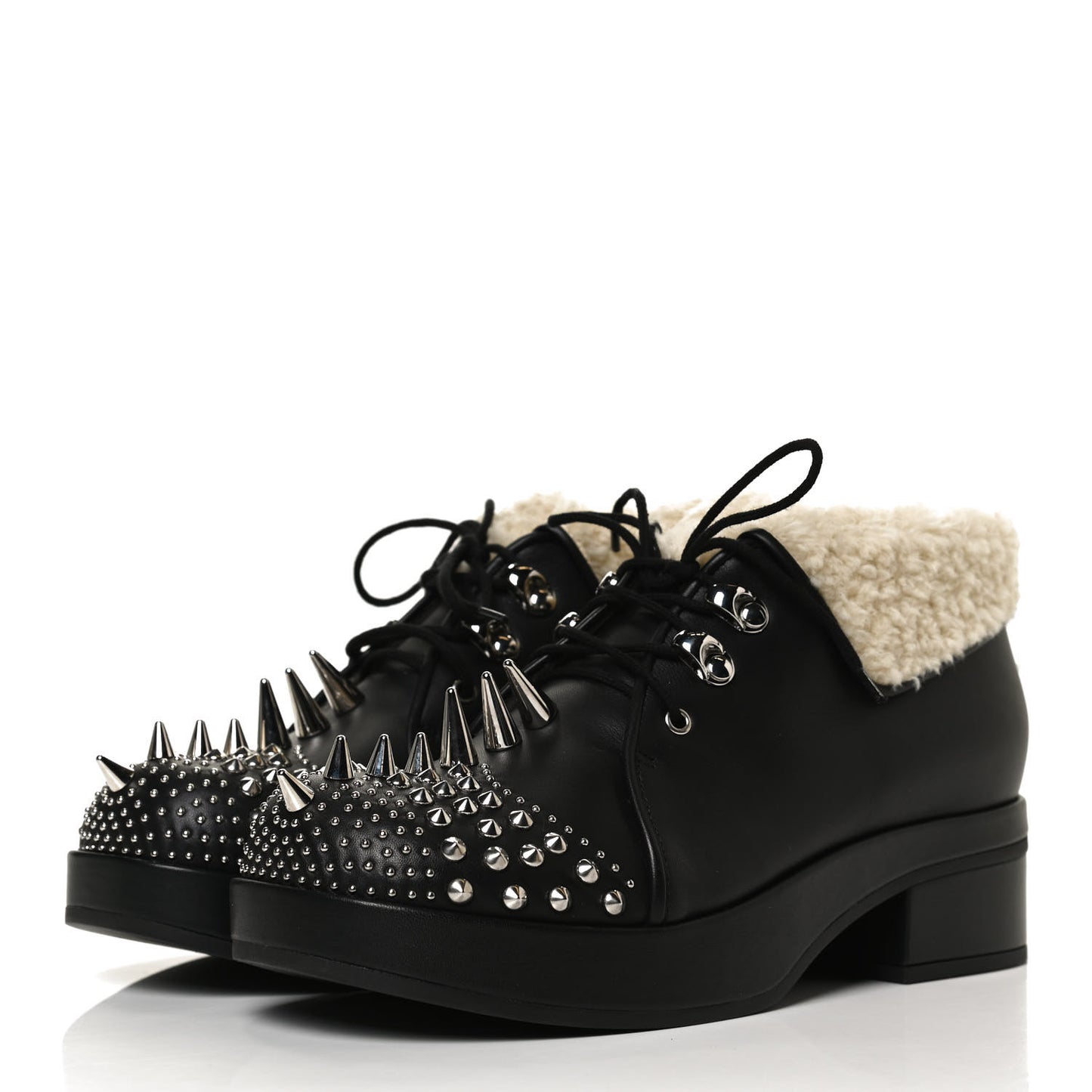 Calfskin Faux Shearling Studded Victor Ankle Boots 37.5 Black Mystic White