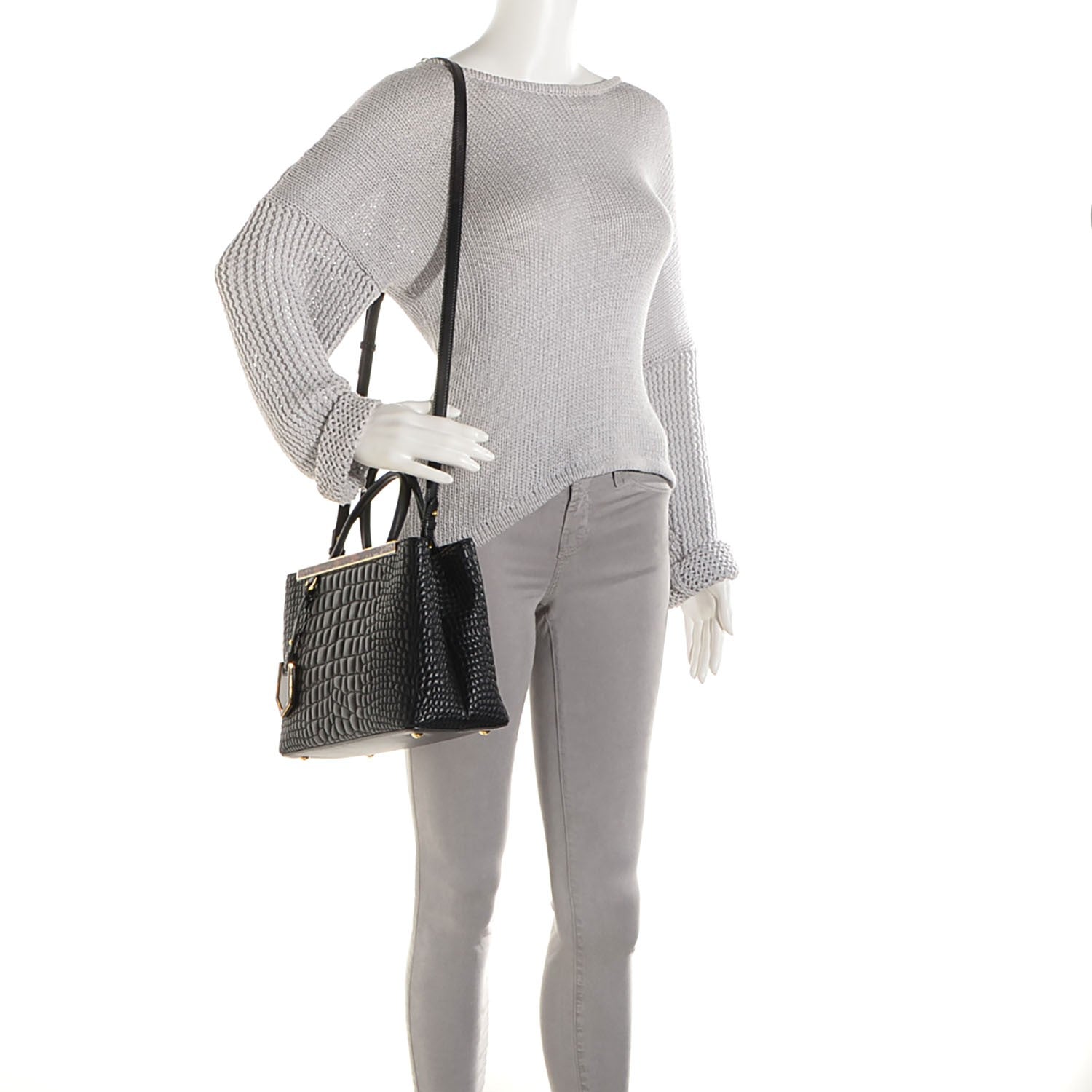 Fendi Nappa Crocodile Trapuntata Petite 2Jours Tote Black 2 of 12