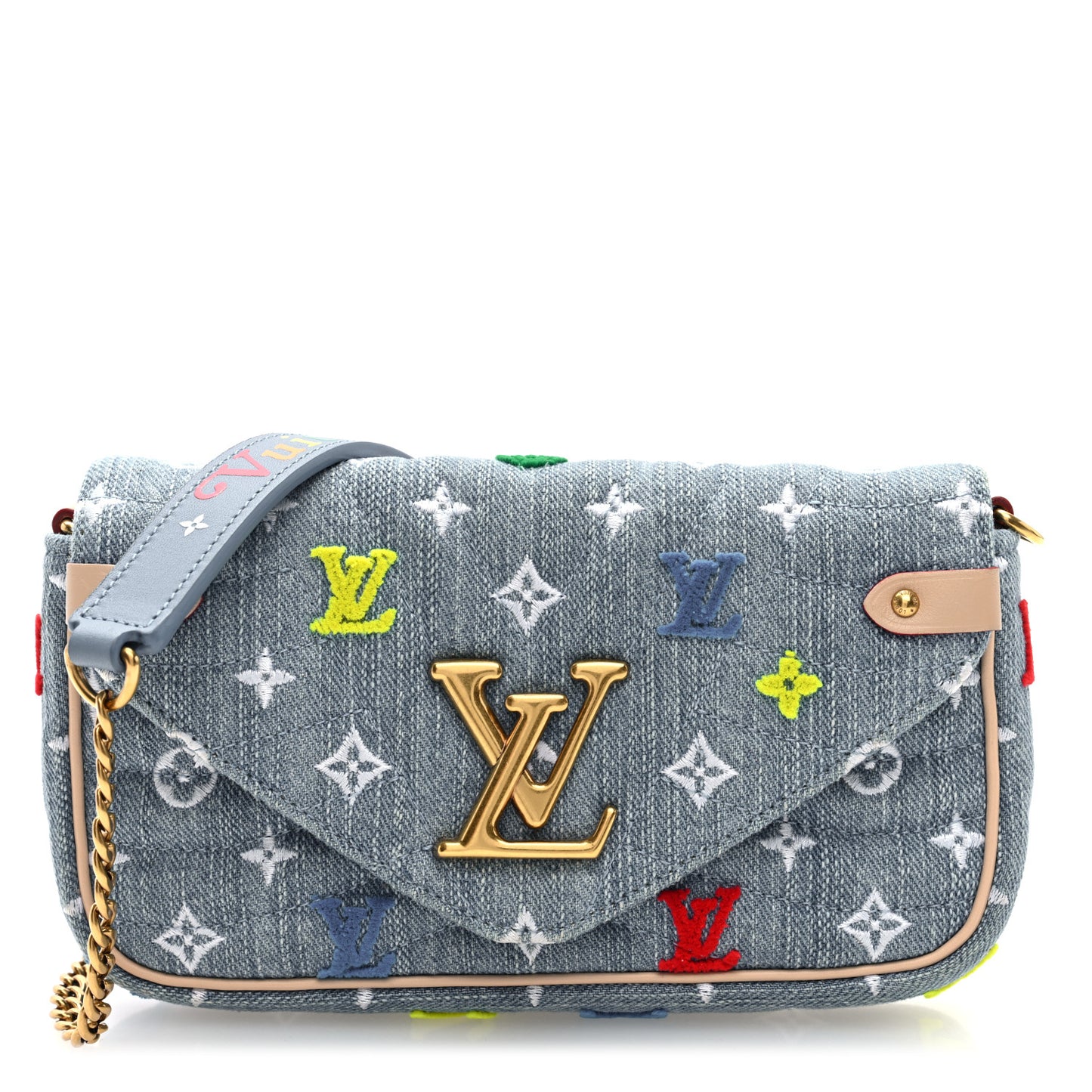 Embroidered Monogram Denim New Wave Chain Pochette Blue