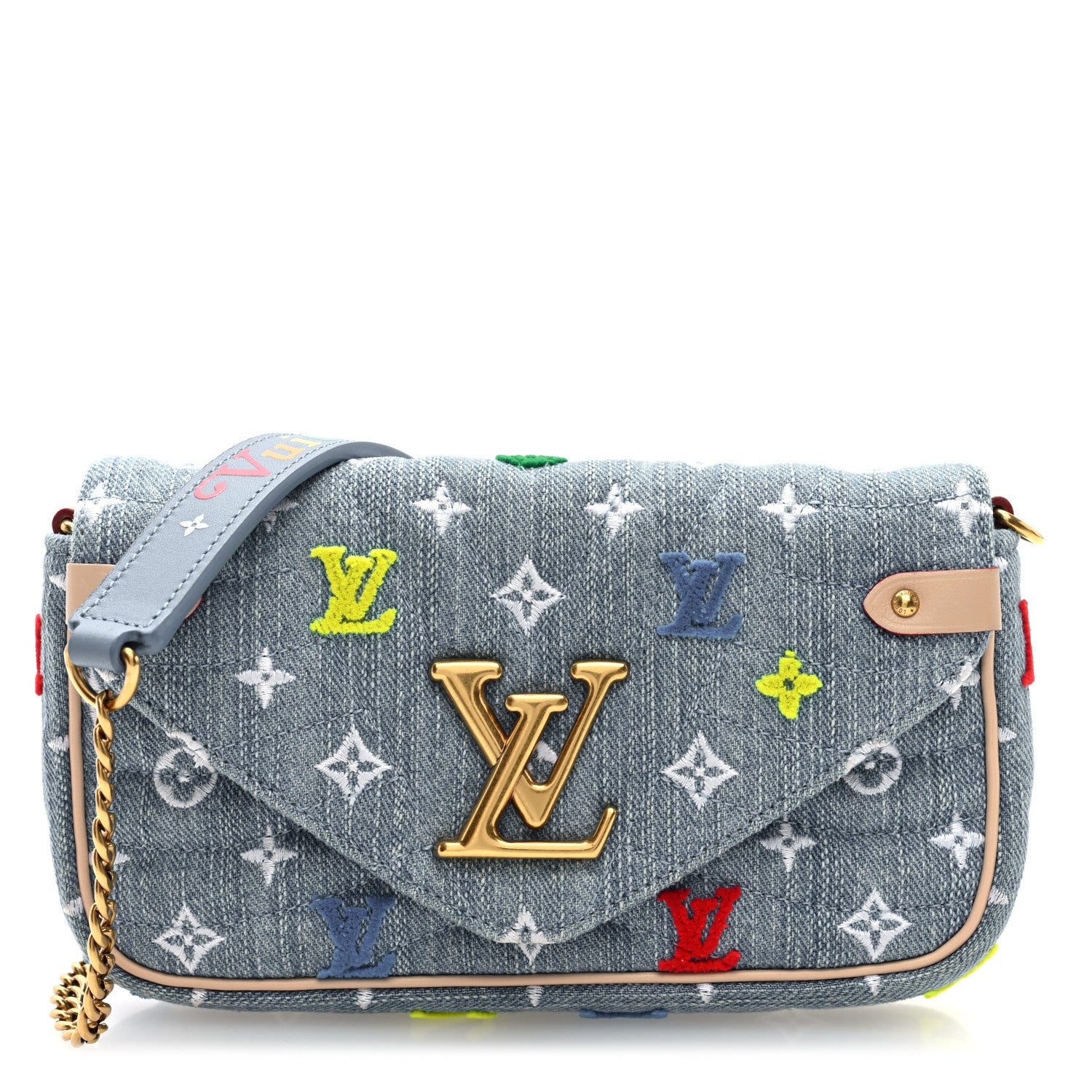 Louis Vuitton Embroidered Monogram Denim New Wave Chain Pochette Blue 1 of 9