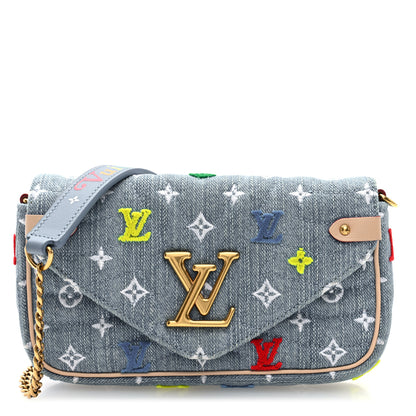 Louis Vuitton Embroidered Monogram Denim New Wave Chain Pochette Blue 1 of 9