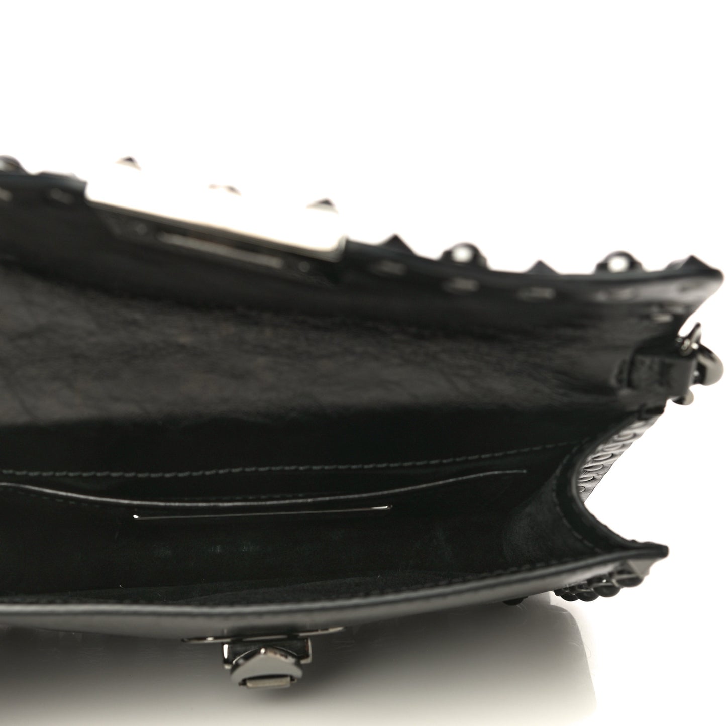 Craquele Calfskin Small Guitar Strap Rockstud Rolling Shoulder Flap Bag Black