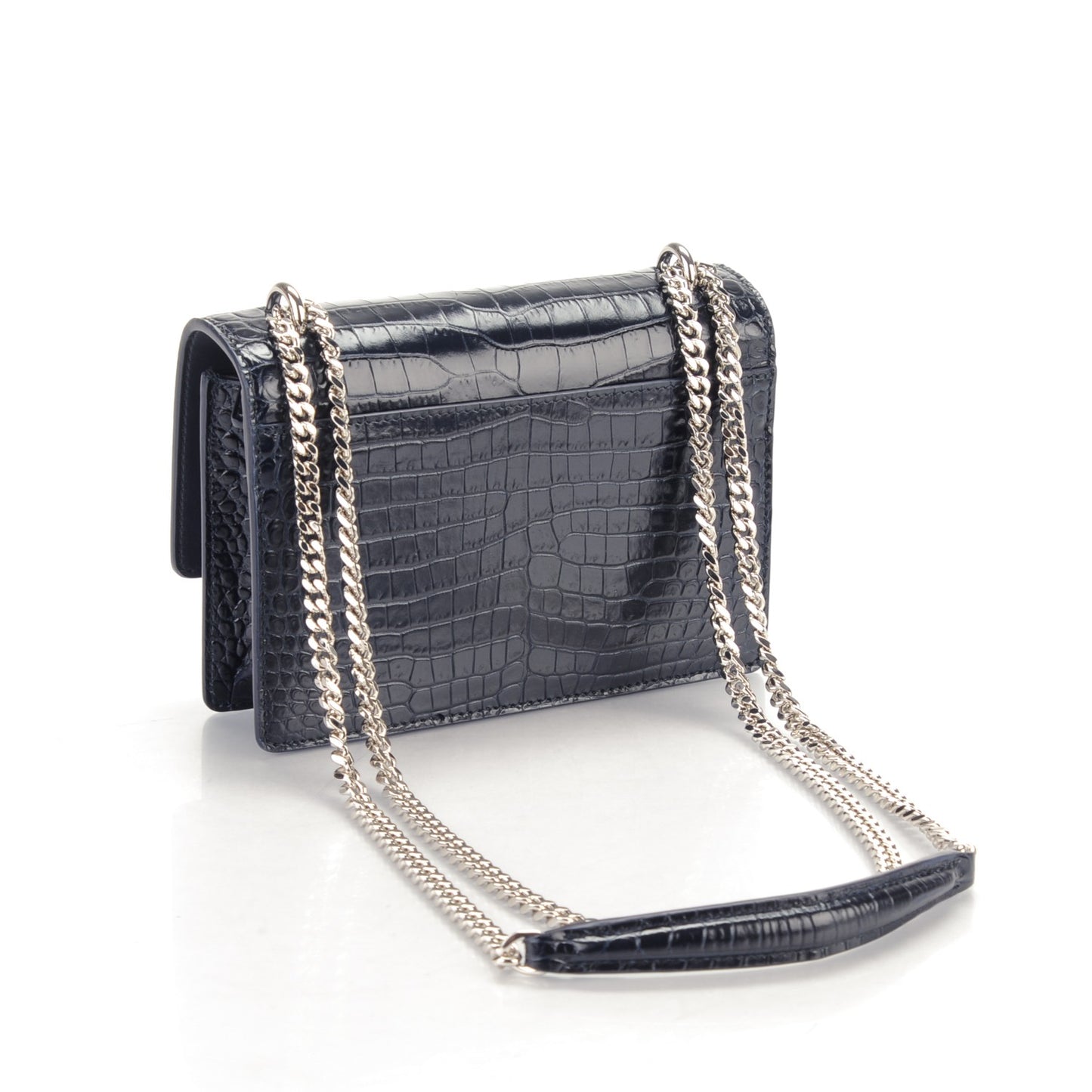 Calfskin Crocodile Embossed Monogram Sunset Chain Wallet Navy Blue