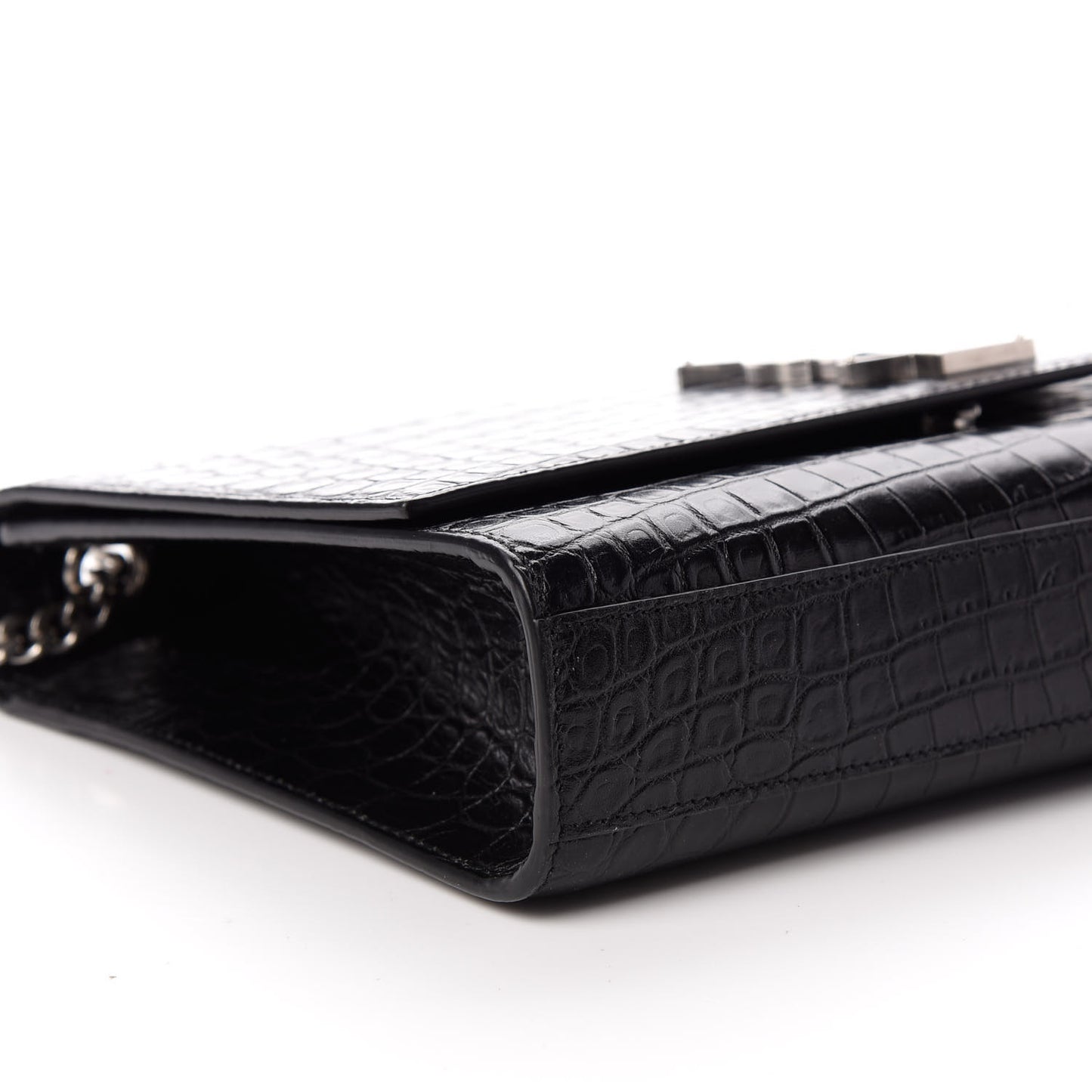 Calfskin Crocodile Embossed Large Classic Monogram Kate Satchel Black