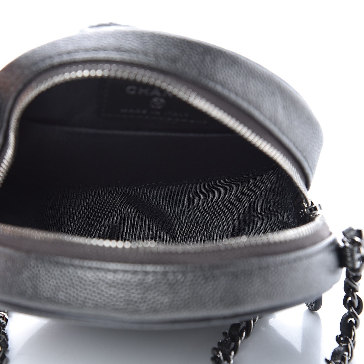 Metallic Caviar Quilted Round Filigree Crossbody Dark Silver