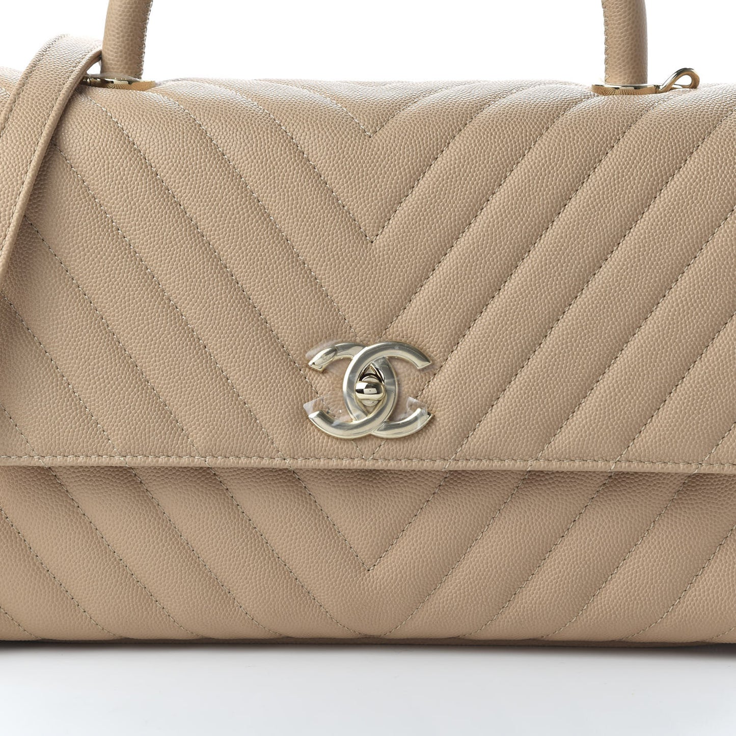 Caviar Chevron Quilted Small Coco Handle Flap Beige