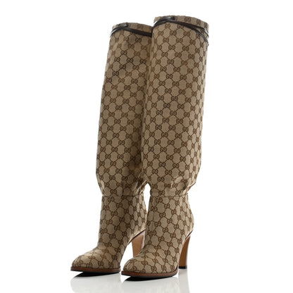 Gucci Monogram Malaga Kid Lisa Mid Heel Boots 40.5 Beige Ebony 3 of 8