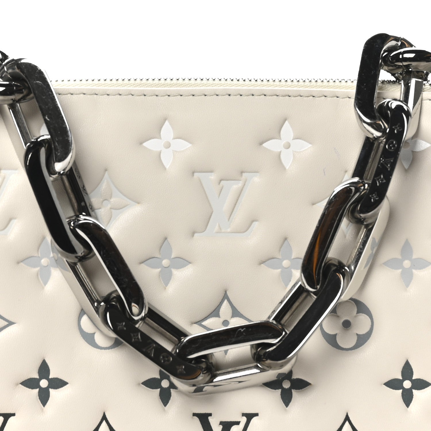 Louis Vuitton Lambskin Embossed Monogram Coussin PM Cream Grey 8 of 10