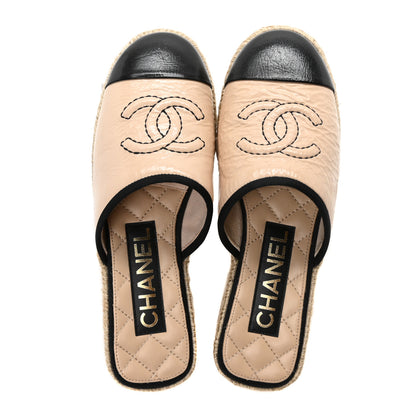 Chanel Crumpled Goatskin CC Espadrille Mules 36 Beige Black 2 of 10