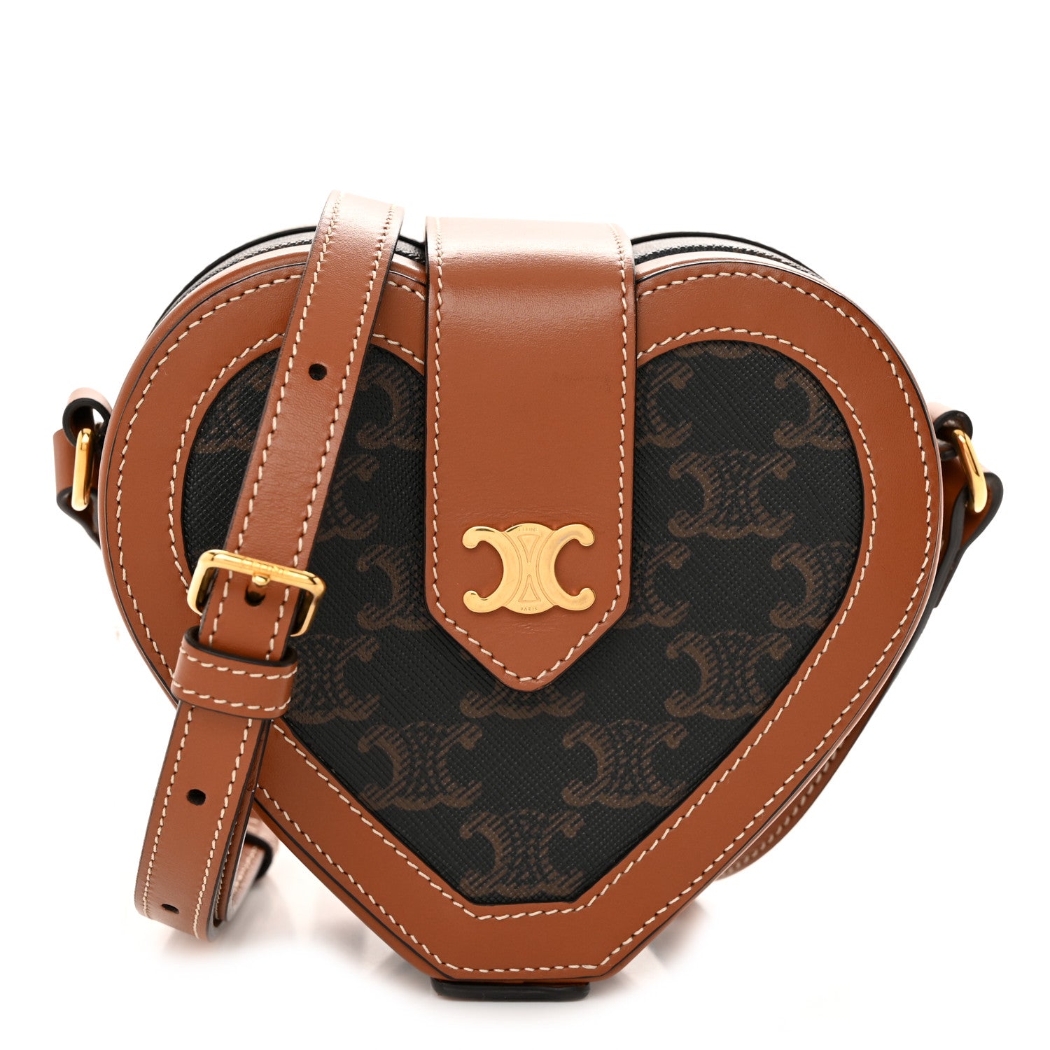 Celine Triomphe Canvas Calfskin Heart Tambour Bag Tan 1 of 10
