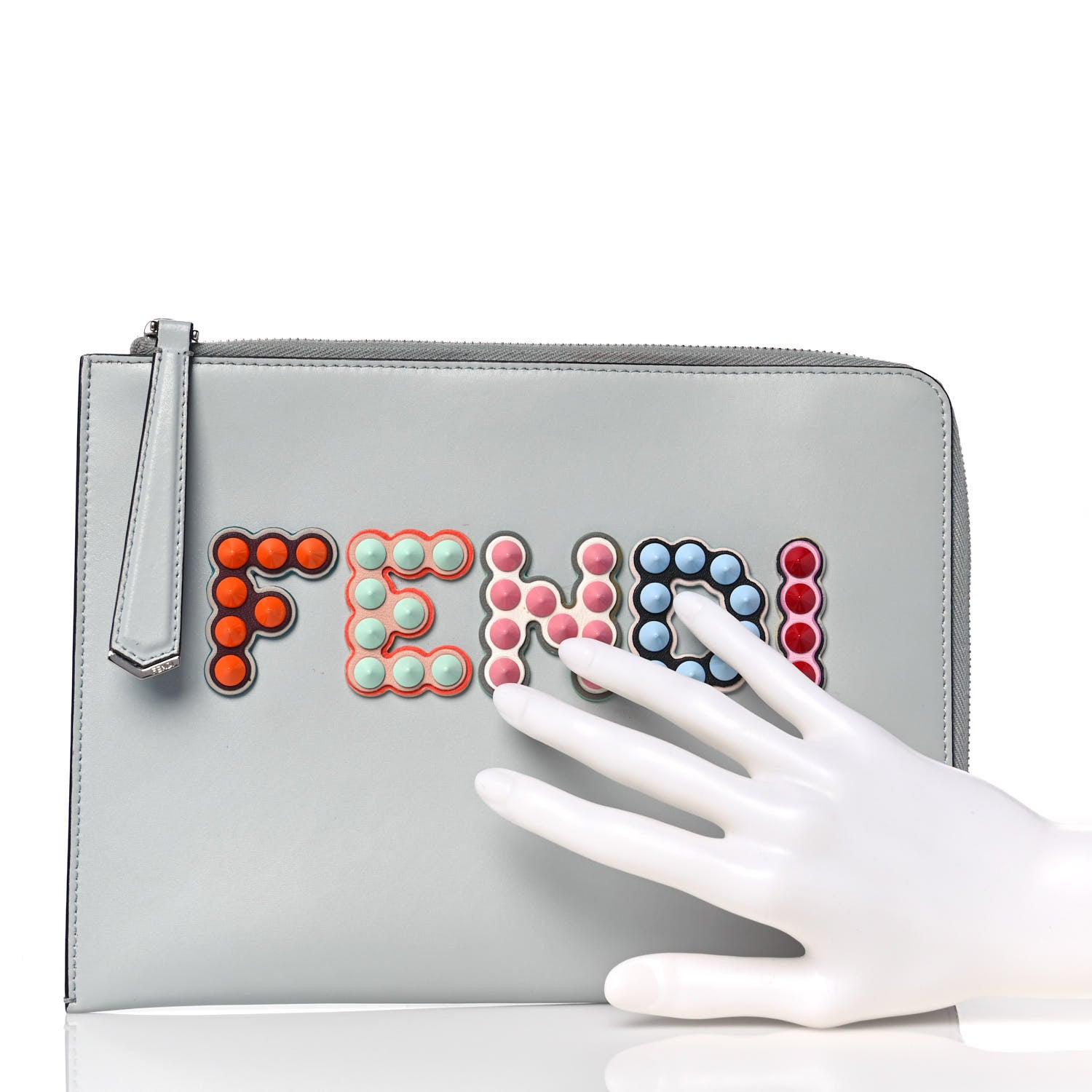Fendi Vitello Liberty Fun Fair Studded Zip Around Pouch Grigio Perla Multicolor 2 of 9