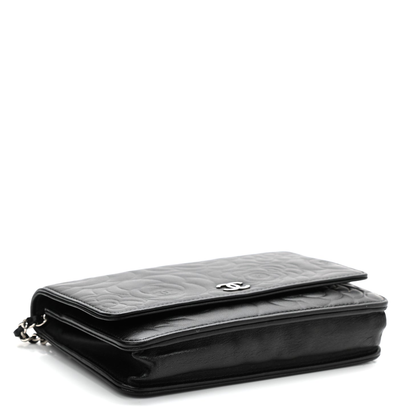 Lambskin Camellia Embossed Wallet on Chain WOC Black