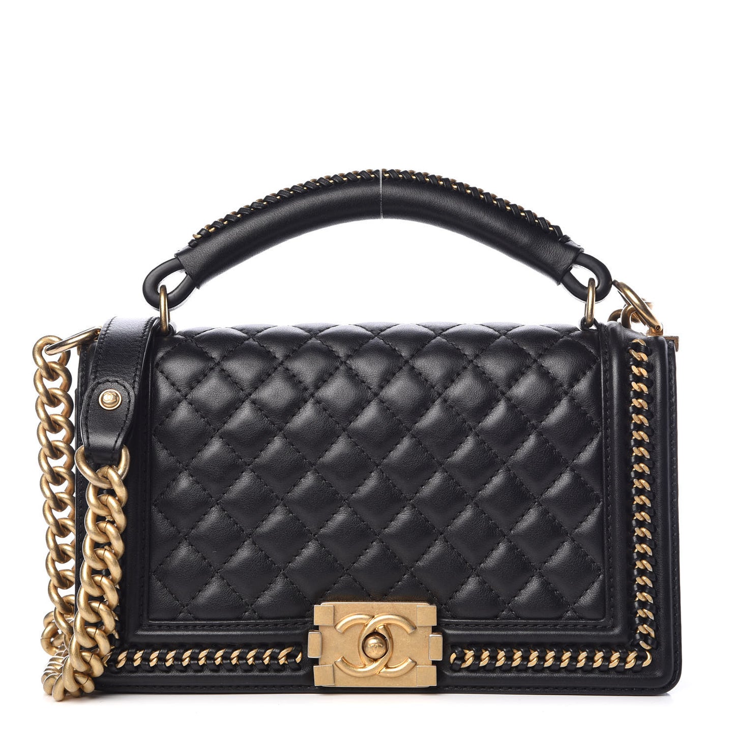 Calfskin Quilted Medium Boy Top Handle Flap Black