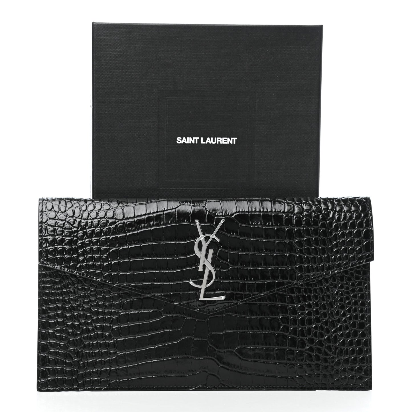 Calfskin Crocodile Embossed Uptown Monogram Clutch Black